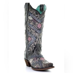 CORRAL WOMEN'S FLORAL EMBROIDERY & RHINESTONES WESTERN BOOTS - SNIP TOE